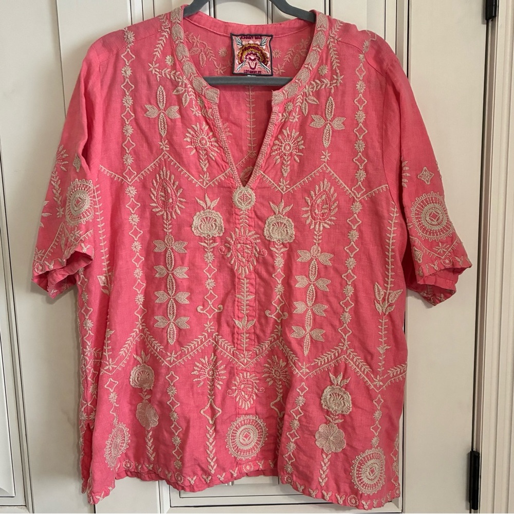 Johnny Was Pink Embroidered Cotton Top